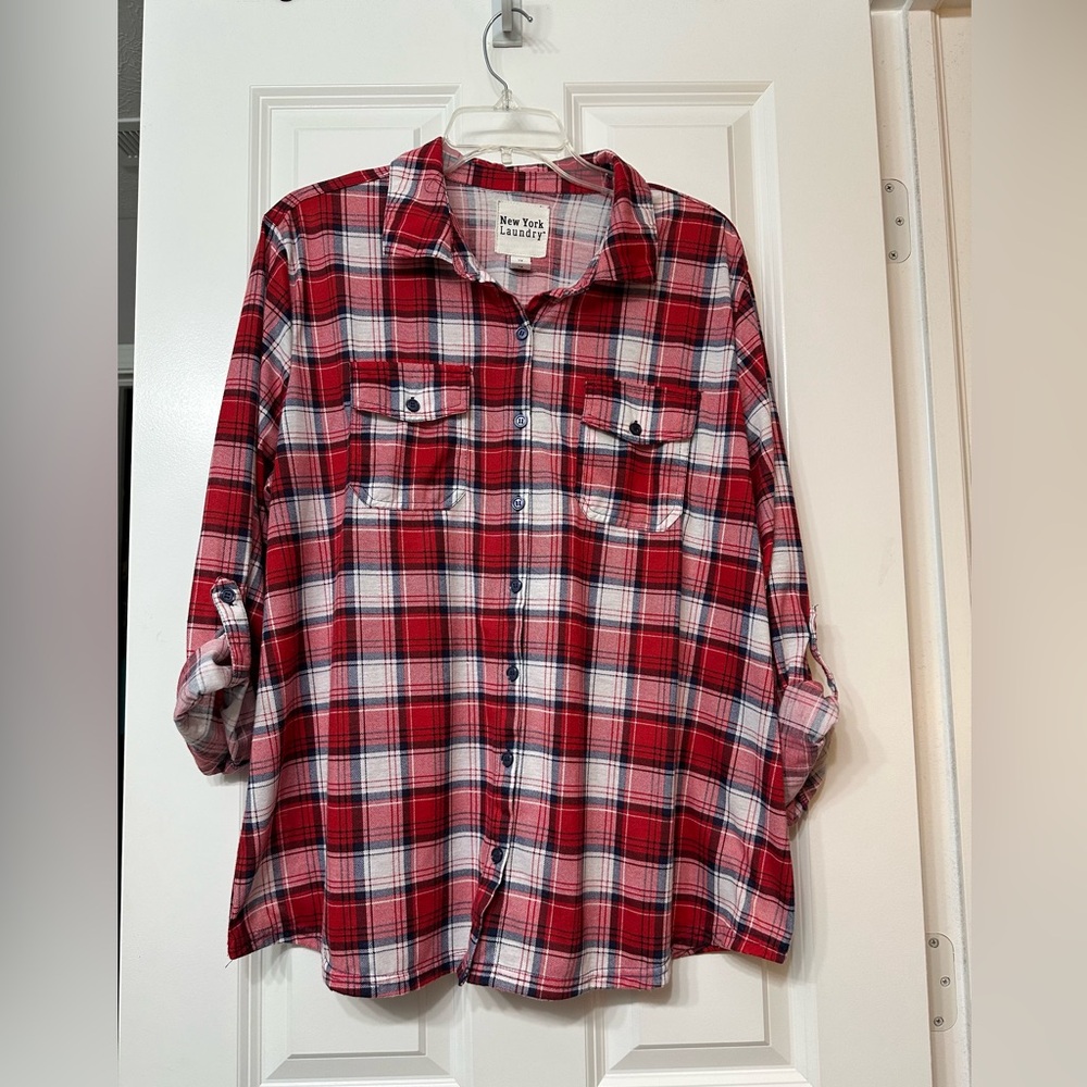 Red/White/Blue New York Laundry Plaid button down Size 1X Shirt
